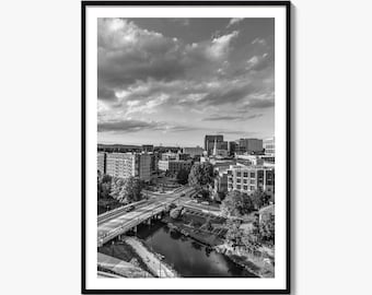 Fotografía artística en blanco y negro del horizonte de Greenville, póster de Carolina del Sur para decoración de pared.