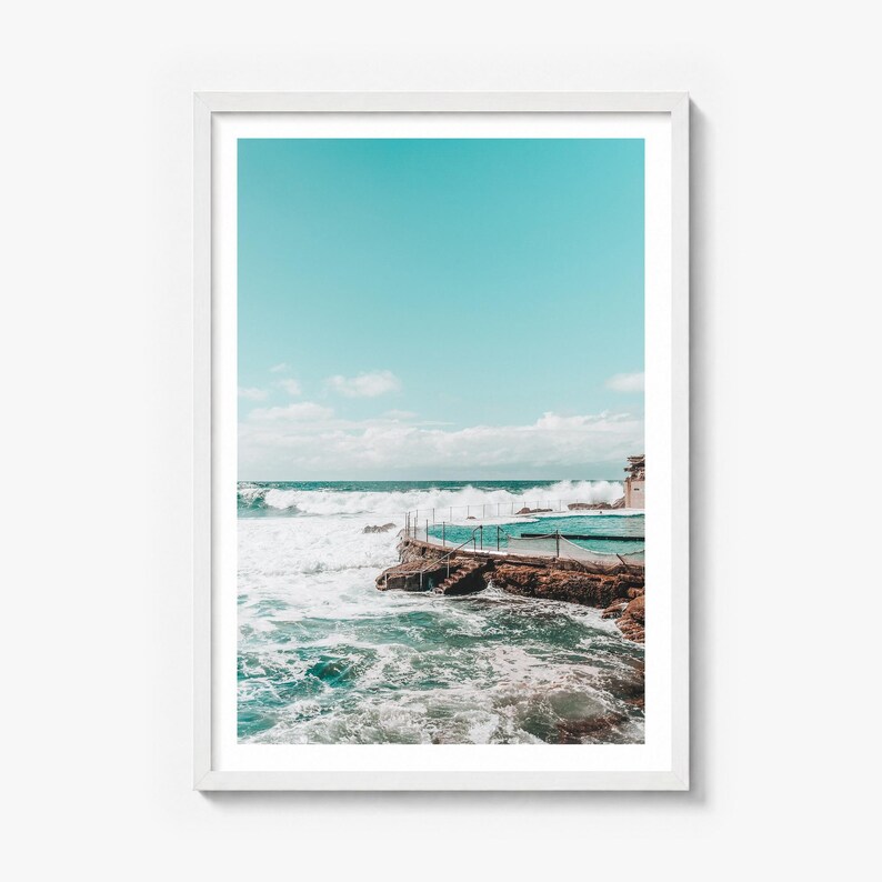 Bronte Beach Ocean Pool Fine Art Photo Print, sydney poster, white border in a white wood frame