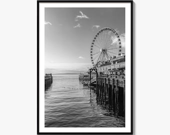 Seattle Black and White Fine Art Photo Print, Great Wheel Poster, Washington Wall Decor