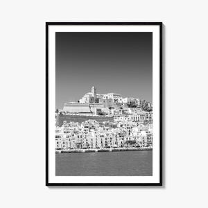 Ibiza fotoposter print, Ibiza zwart-witte muurkunst, Ibiza muurfotografie, Ibiza reizen, Ibiza kaart poster