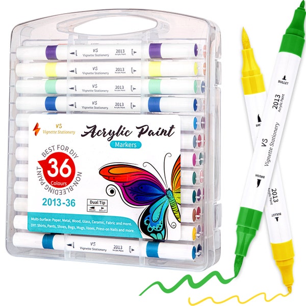 36x Dual Nib Acrylic Paint Marker Pens Brush Tip Bullet Tip Assorted Colours Including White Paint