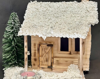 Handmade Wooden Winter House with Christmas Lights| Winter Diorama