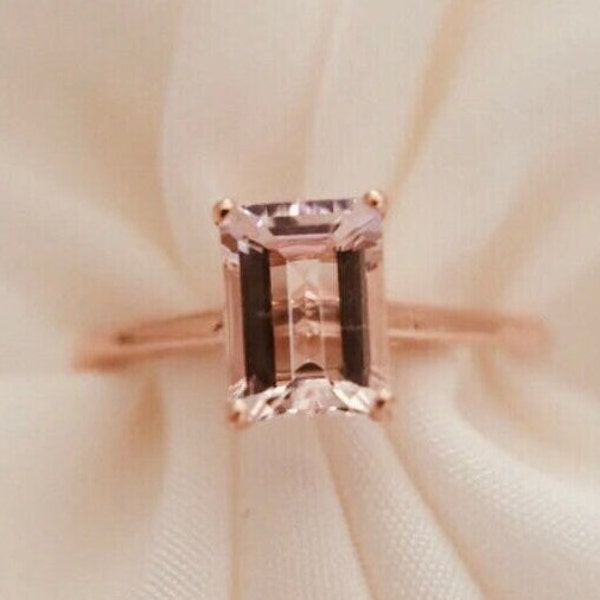 Peach Morganite Emerald Cut Solitaire Ring, 925 Sterling Silver, October Birthstone Ring, Gift For Her, Everyday Ring, Engagement Gift Ring.