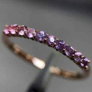 Gradient Pink Sapphire And Amethyst Dainty Ring, Amethyst Ring, Pink Sapphire full Eternity Band, 14K Rose Gold Plated  Matching Band.