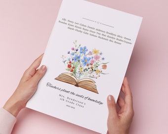 Personalized Teacher Appreciation Gift: Floral Book Art, back to school, helping us grow