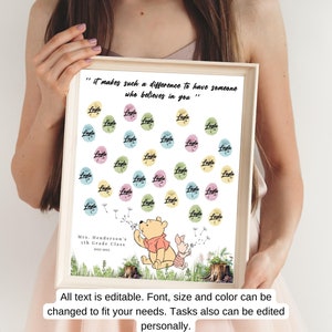 May include: A printable classroom chart featuring Winnie the Pooh and Piglet blowing dandelion seeds. The chart has the text "It makes such a difference to have someone who believes in you." and is decorated with colorful circles that say "Layla". The text "Mrs. Henderson's 5th Grade Class 2022-2023" is at the bottom of the chart.