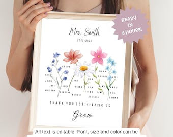 Personalized Teacher Appreciation Gift: Floral Keepsake (Digital Download, Canva Template 8x10in JPG/PDF)