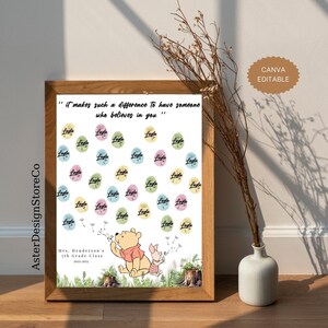 May include: A printable classroom poster featuring Winnie the Pooh and Piglet blowing dandelion seeds. The poster has a white background with the quote "It makes such a difference to have someone who believes in you." and a pattern of colorful circles with the name "Layla" written on each circle. The poster also includes the text "Mrs. Henderson's 3th Grade Class 2022-2023".