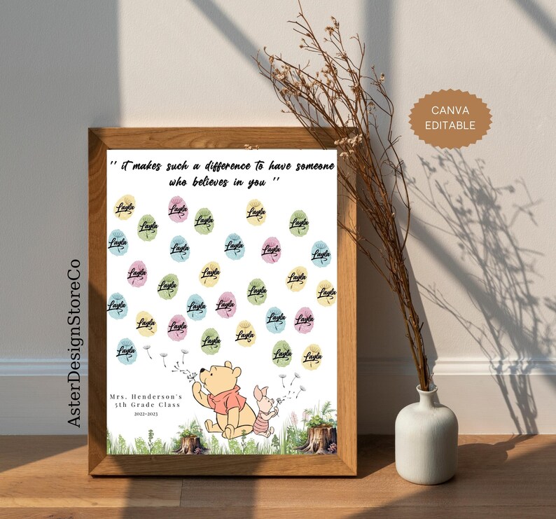 May include: A printable classroom poster featuring Winnie the Pooh and Piglet blowing dandelion seeds. The poster has a white background with the quote "It makes such a difference to have someone who believes in you." and a pattern of colorful circles with the name "Layla" written on each circle. The poster also includes the text "Mrs. Henderson's 3th Grade Class 2022-2023".
