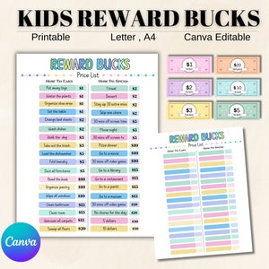 Editable Kids Reward Bucks, earn money chart, PDF Reward System For Kids, chore chart