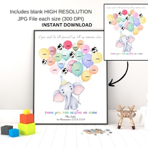 Personalised class gift with names, Thank you teacher, end of year gift, teacher appreciation gift, fingerprint thumbprint, elephants,school