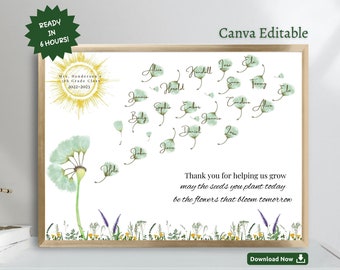 Personalized Teacher Appreciation Dandelion Gift: Printable Keepsake (Digital Download, 8x10 inç JPG Template CANVA-LINK)