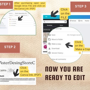 May include: A step-by-step guide on how to edit a printable PDF file using Canva. The image shows a computer screen with a Google Drive folder, a Canva design, and a Canva menu with instructions to click on the "Make a Copy" button.