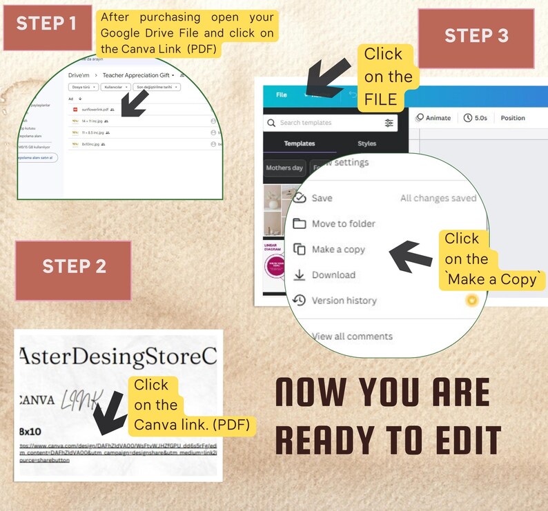 May include: A step-by-step guide on how to edit a printable PDF file using Canva. The image shows a computer screen with a Google Drive folder, a Canva design, and a Canva menu with instructions to click on the "Make a Copy" button.