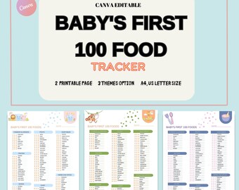 Registro de los primeros 100 alimentos del bebé: Planificador de comidas (Plantilla digital editable en Canva)