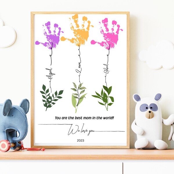 Personalized Mom gift, Flower handprint Gift from kids, Printable DIY crafts for kids,Baby keepsake handprint art.