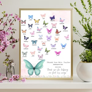Personalised teacher print, class gift with names, Thank you teacher butterfly gift end of year teacher appreciation gift, back to school