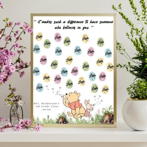 May include: A white poster with a Winnie the Pooh and Piglet illustration. The poster has a quote: "It makes such a difference to have someone who believes in you." There are 30 colorful circles with the name "Layla" written in black on each circle. The poster also includes the text: "Mrs. Henderson's 5th Grade Class 2022-2023".