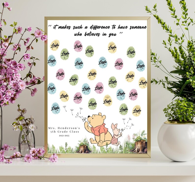 May include: A white poster with a Winnie the Pooh and Piglet illustration. The poster has a quote: "It makes such a difference to have someone who believes in you." There are 30 colorful circles with the name "Layla" written in black on each circle. The poster also includes the text: "Mrs. Henderson's 5th Grade Class 2022-2023".