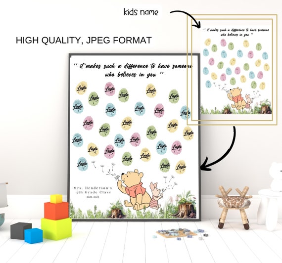 Personalized Winnie the Pooh Class Gift, Teacher Appreciation Fingerprint Tree (Digital Download)