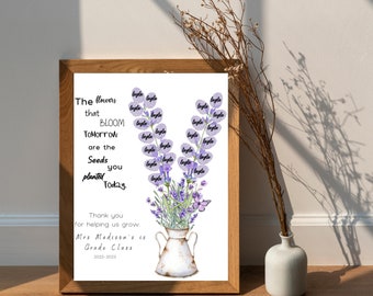 Teacher Appreciation Handprint Art: Lavender Flowers Gift (Canva Edit, Digital Download 8x10in JPG)