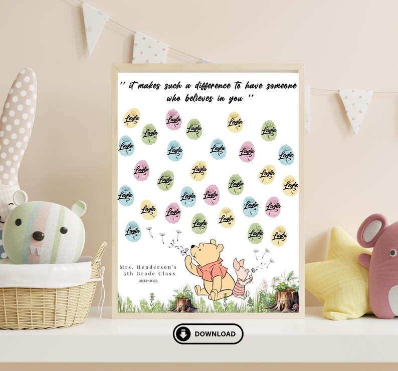 May include: A printable classroom poster featuring Winnie the Pooh and Piglet blowing dandelion seeds. The poster has a quote: "It makes such a difference to have someone who believes in you."  The poster is decorated with colorful circles with the name "Layla" written on each circle.