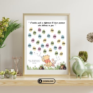 May include: A printable classroom sign featuring Winnie the Pooh and Piglet blowing dandelion seeds. The sign has a white background with colorful circles that say "I believe in you". The text at the bottom reads "Mrs. Henderson's 5th Grade Class 2022-2023".