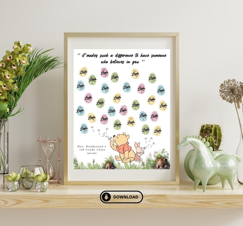 May include: A printable classroom sign featuring Winnie the Pooh and Piglet blowing dandelion seeds. The sign has a white background with colorful circles that say "I believe in you". The text at the bottom reads "Mrs. Henderson's 5th Grade Class 2022-2023".