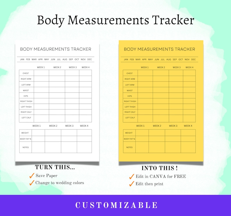 Body Measurement Tracker Printable, Body Measurement Chart, Weight Loss ...