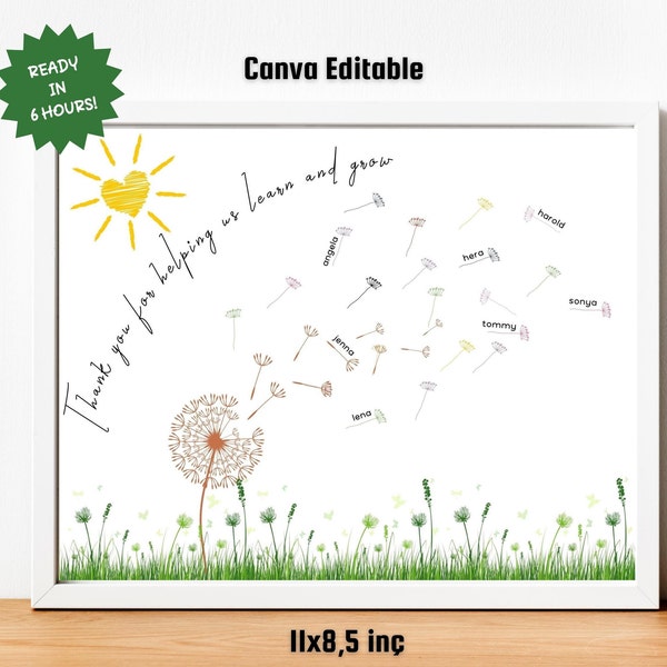 Leraarwaarderingsgeschenk van de klas | Gepersonaliseerde leraar cadeau | Eindejaarsleraar | Leraar Waardering paardenbloem Cadeau bewerken in canva