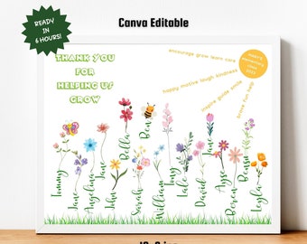 Personalized Teacher Appreciation Print, flowers Class Gift, helping us grow