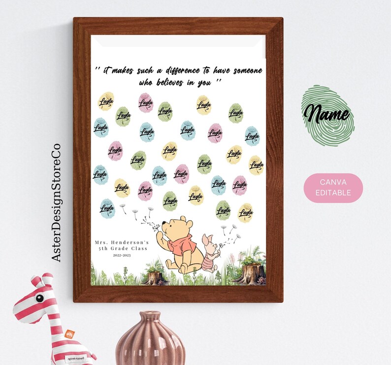May include: A printable classroom poster featuring Winnie the Pooh and Piglet blowing dandelion seeds. The poster has a quote: "It makes such a difference to have someone who believes in you."  The poster is decorated with colorful circles with the name "Layla" written on each circle. The poster is framed in a brown frame.