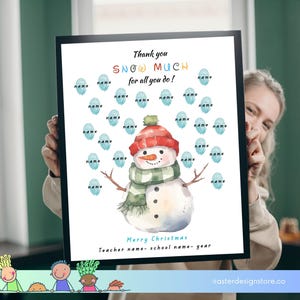 Impressão digital de agradecimento ao professor de Natal, pôster de assinatura de agradecimento ao professor do boneco de neve, feriado, ideias de presentes de Natal para a turma do professor