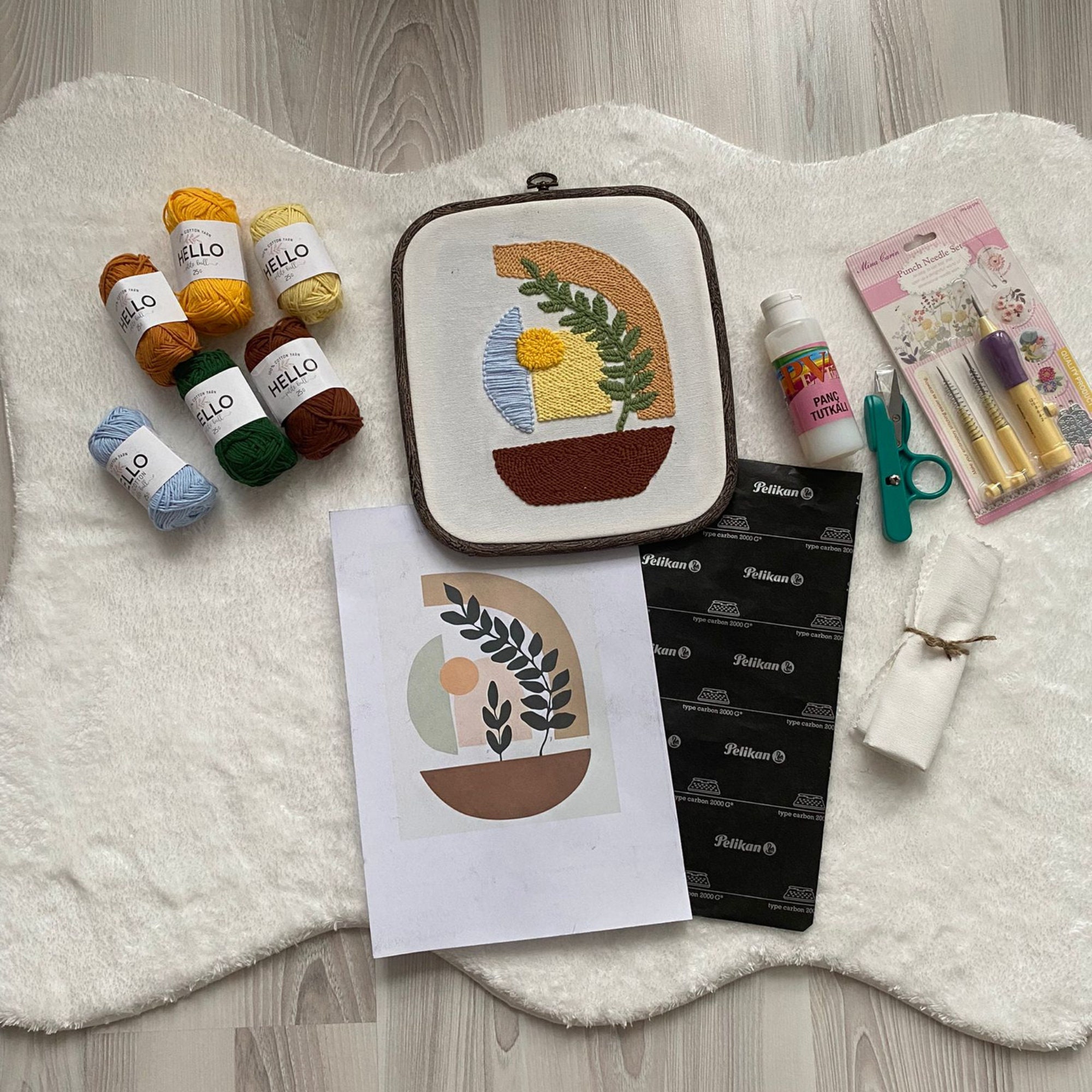 Kit Punch Needle Woohome - Set Complet Broderie Avec Cercle 20cm, Fils, Aiguilles Et Motifs Pré-imprimés