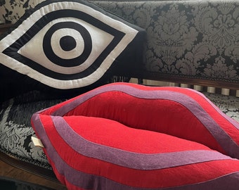 Linen Decorative Pillows: Big Eye & Red Lips Duo, Handmade
