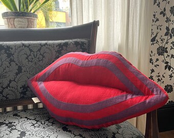 DECORATIVE PILLOW. 100% Linen. Handmade. Double Sided Red Hot Lips Pillow. Home Décor.