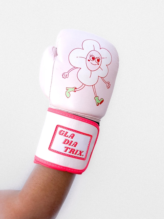 Leather Boxing Gloves With Floral Illustration, Baby Pink 10oz