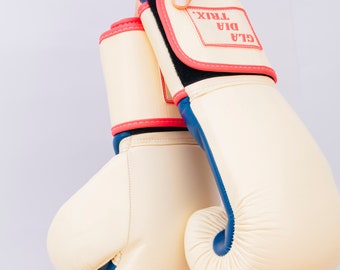 Leather Boxing Gloves in Beige, Neon Pink and Blue 10oz, 12oz, 14oz with Gel and Handmade