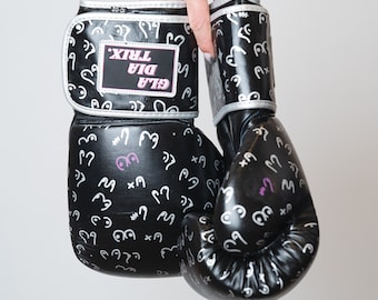 Leather Boxing Gloves in Black and Silver 10oz, 12oz, 14oz with Gel and Handmade