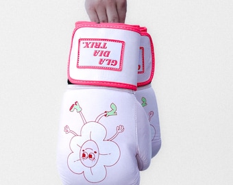 Leather Boxing Gloves with Flower Illustration, Baby Pink 10oz, 12oz, 14oz with Gel and Handmade