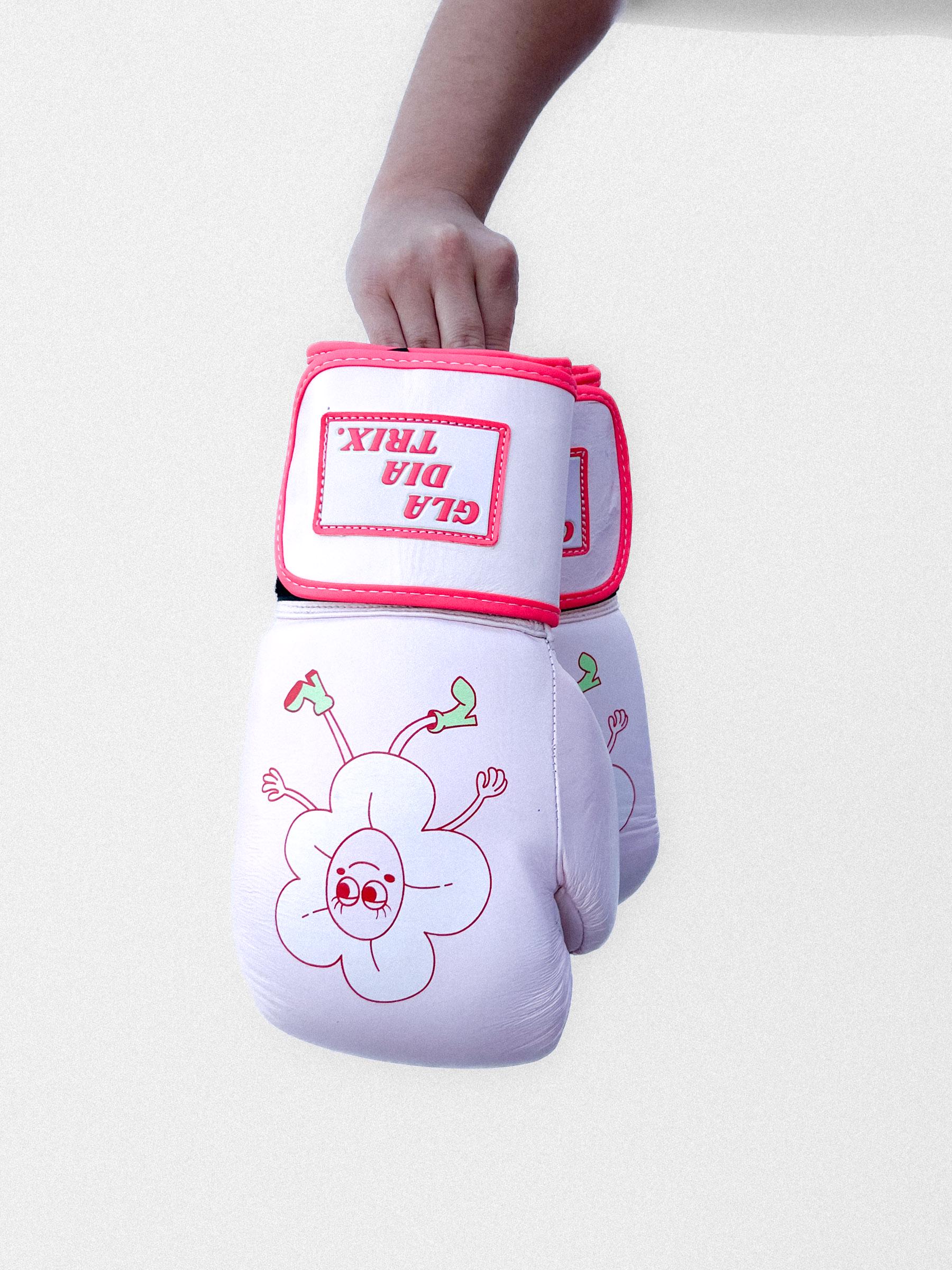 Leather Boxing Gloves With Floral Illustration, Baby Pink 10oz