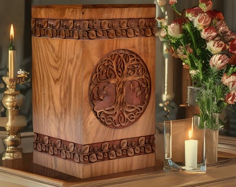 Tree of Life Rosewood Cremation Urn: Deer Inlay, Handcrafted Wooden Box