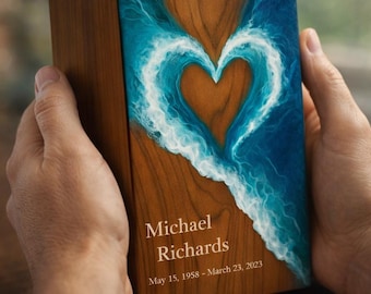 Handmade Wooden Cremation Urn: Ocean Heart Resin Inlay Memorial Box