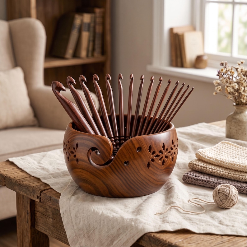 Rosewood Crochet Hook Set: 15 Wooden Yarn Hooks with Optional Bowl & Stand image 4