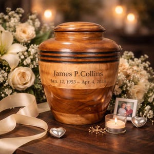 May include: A wooden urn with a lid, featuring the engraved name "James P. Collins" and dates. The urn is surrounded by flowers, a lit candle, and decorative hearts. The wood has a warm, natural grain with dark bands.