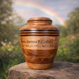 May include: A wooden urn with a lid, featuring a layered design with dark bands. The urn is engraved with the name "James P. Collins" and dates Jan. 12, 1953 &ndash; Apr. 4, 2024. Set on a stone with a rainbow in the background.