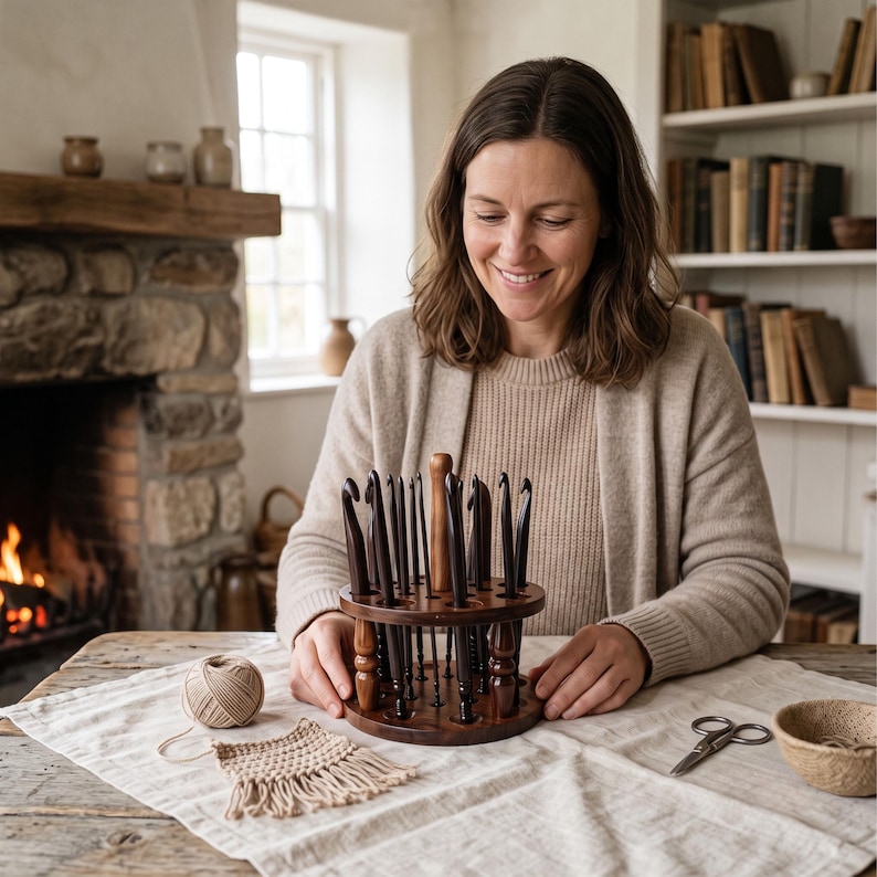 Rosewood Crochet Hook Set: 15 Wooden Yarn Hooks with Optional Bowl & Stand image 9