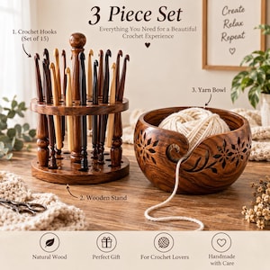 May include: A 3-piece crochet set featuring a dark brown wooden stand holding 15 assorted crochet hooks, and a matching dark brown wooden yarn bowl with a floral cutout design containing a ball of cream-colored yarn with a trailing strand.