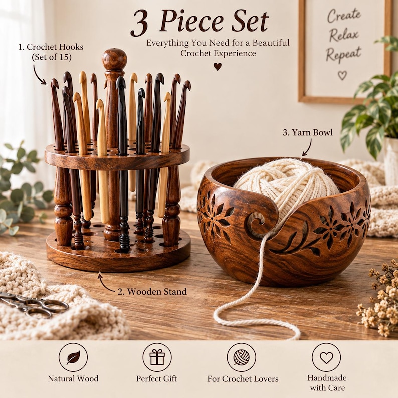 May include: A 3-piece crochet set featuring a dark brown wooden stand holding 15 assorted crochet hooks, and a matching dark brown wooden yarn bowl with a floral cutout design containing a ball of cream-colored yarn with a trailing strand.