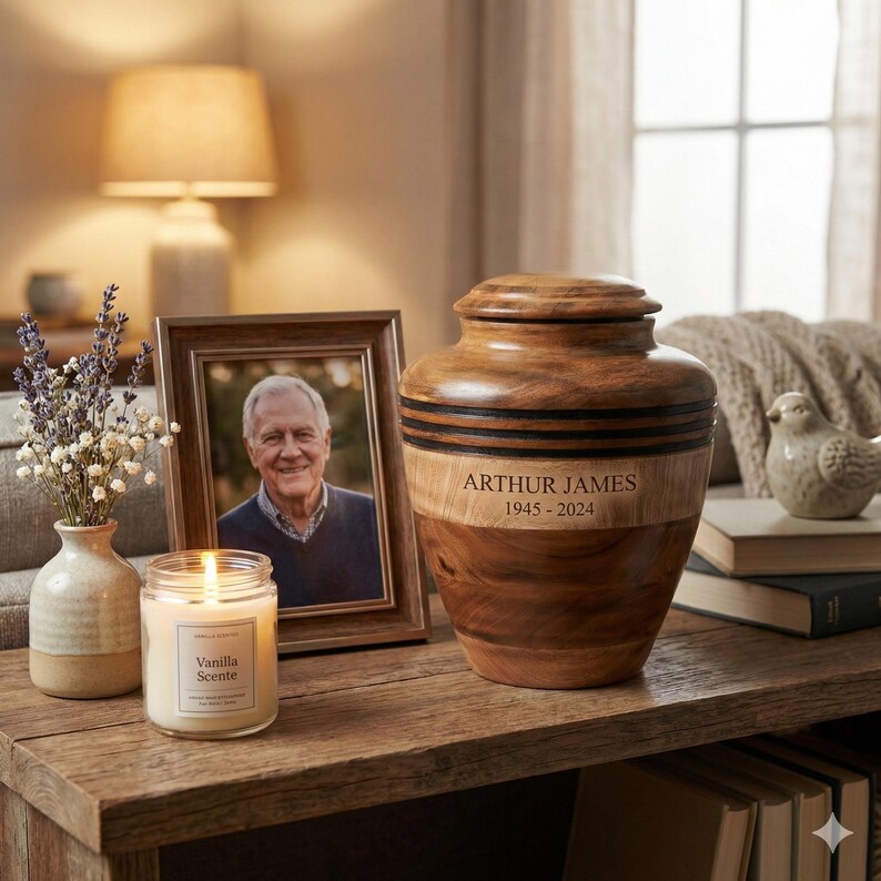 May include: A wooden urn with the name "ARTHUR JAMES" and dates "1945-2024" engraved on it. A framed photograph, a lit candle in a glass jar, and a small vase with flowers are on a wooden table. A decorative bird figurine is also present.